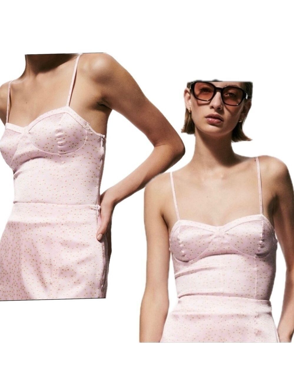 Zara pink satin effect daisy flower floral spaghetti strap bodysuit Sz M NWT